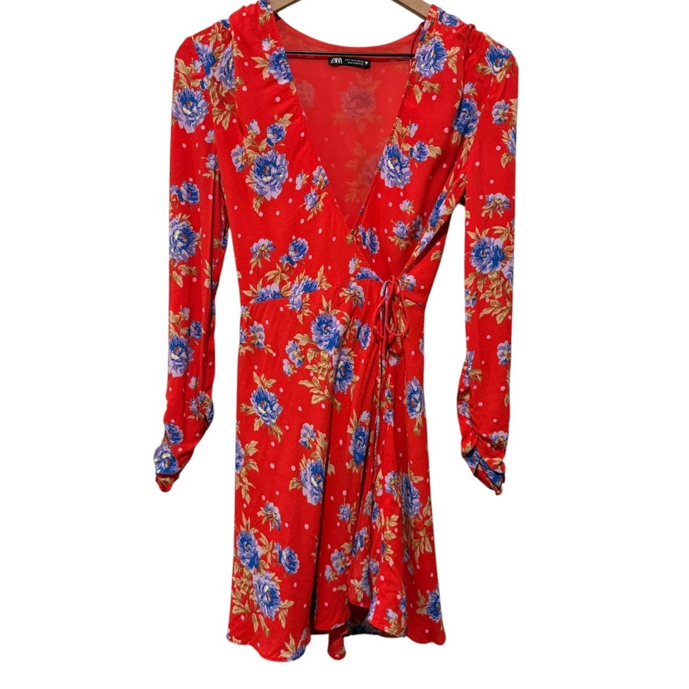 Zara Womens Mini Wrap Dress Sz S Red Purple Floral Ruched 3/4 Sleeve Coquette